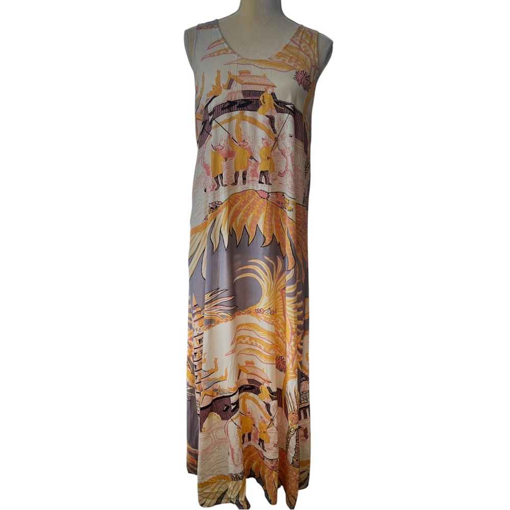 Citron Santa Monica Womens Small Rayon Sleeveless Maxi Dress Asian Village Print